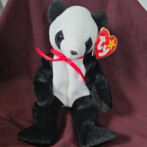 Ty Panda Plush with Red Ribbon - Black and White